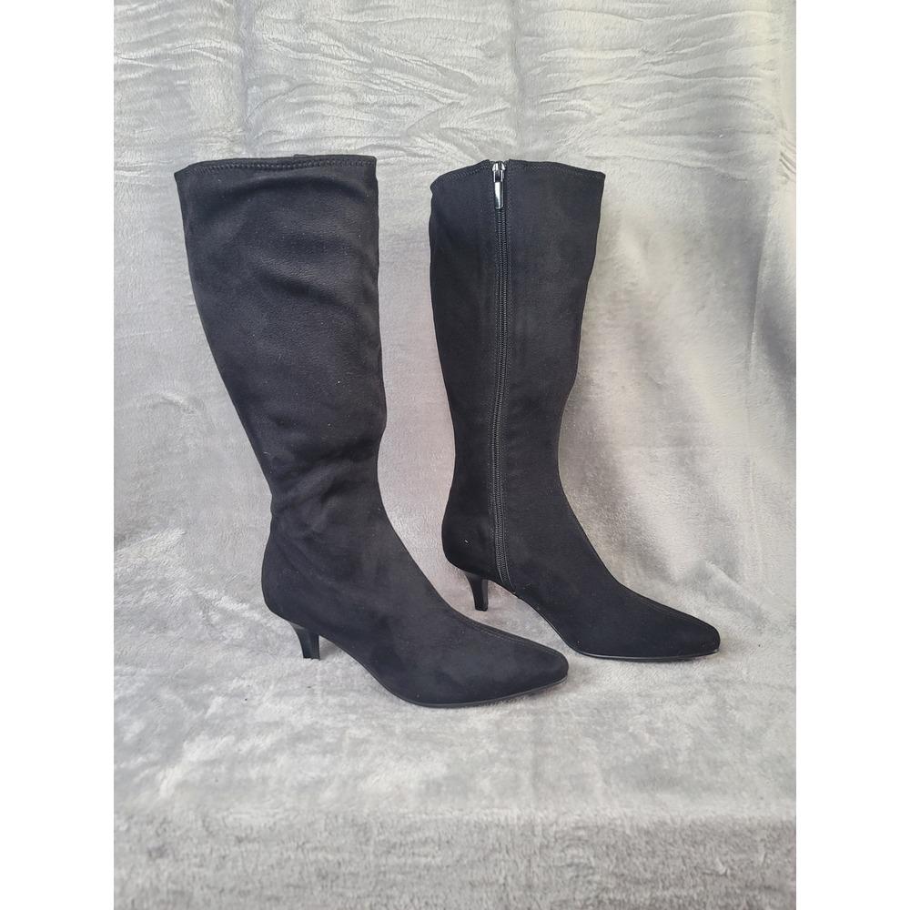 Dark Gothic Romantic Black Stretch Tall Dress Boots Pointed Toe Kitten Heel 6M